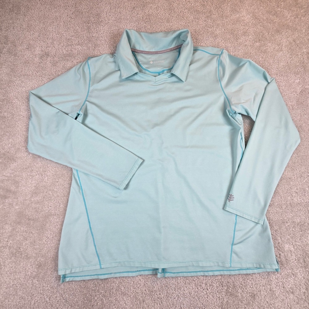 Coolibar Womens Aqua Blue UPF 50+ Long Sleeve Sun Protection Polo Shirt Large